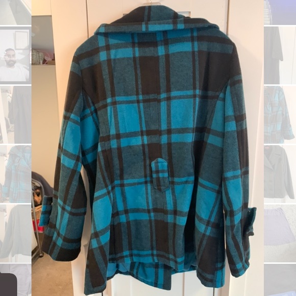 Vintage Deb Turquoise Plaid Pea Coat size 1x - missing belt - Picture 3 of 14